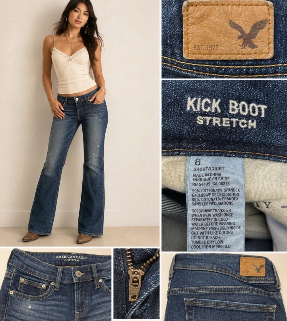 Y2K Indie Sleaze American Eagle Kick Boot Jeans 8P Medium Wash Low Rise Low Rise